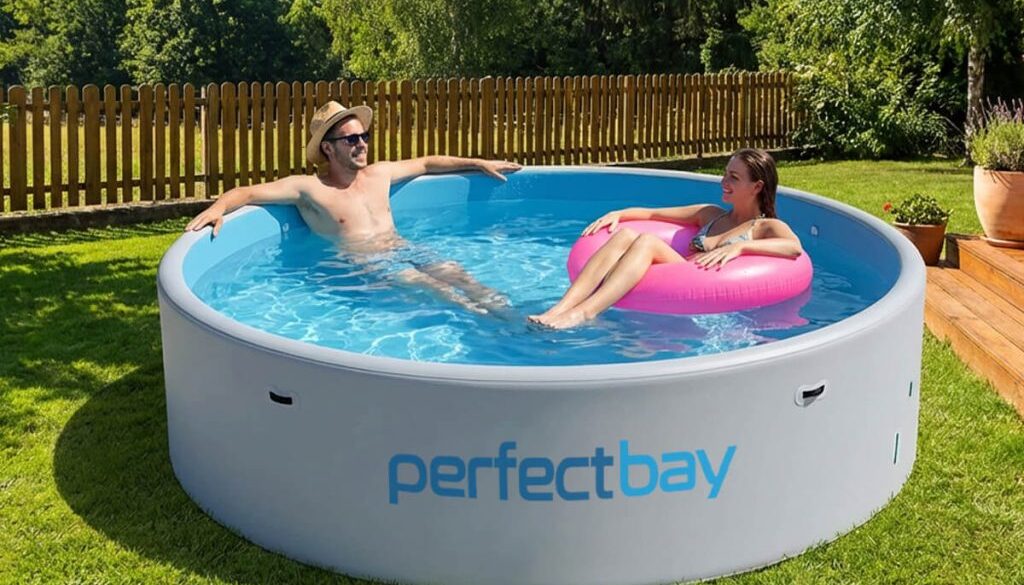 Drop-Stitch-Gartenpool PerfectBay auf dem Rasen im Garten mit zwei Personen im Wasser