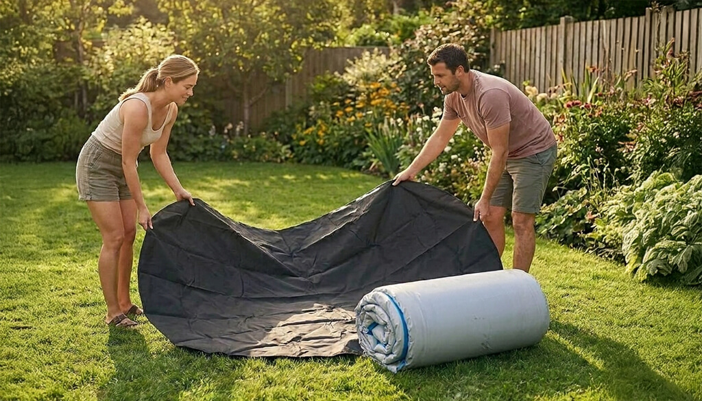 Ein Mann und eine Frau stellen einen Pool im Garten auf dem Rasen