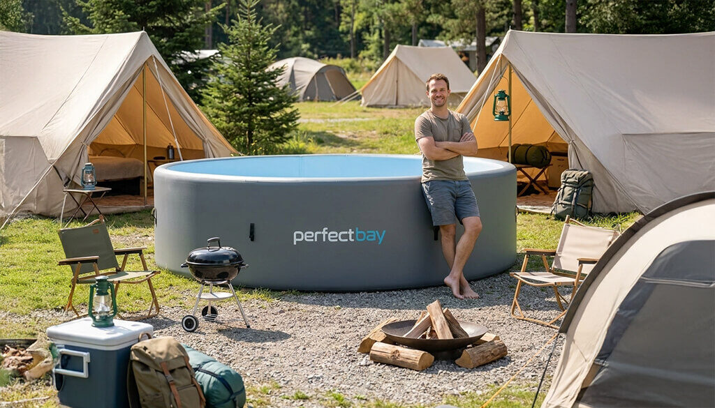 Drop Stitch Pool Camping - ein Mann steht am Pool auf einem Campingplatz
