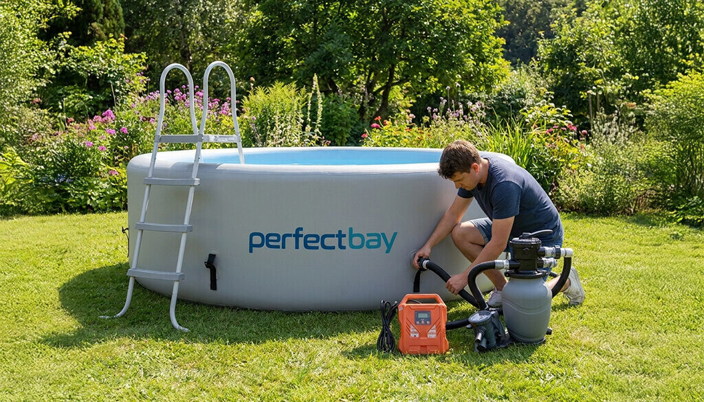 Ein Mann beugt sich im Garten und montiert Filteranlage Gartenpool