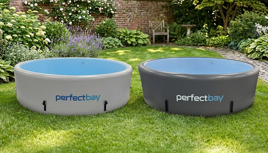 zwei Pools, einer grau anderer anthrazit - stehen im Garten auf einem grünen Rasen