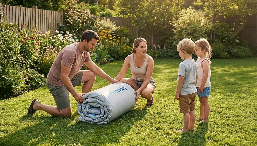 Montage Pool im Garten, Zwei Kinder und ihre Eltern sind im Garten und versuchen den Poll aufzubauen
