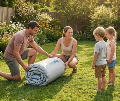 Montage Pool im Garten, Zwei Kinder und ihre Eltern sind im Garten und versuchen den Poll aufzubauen