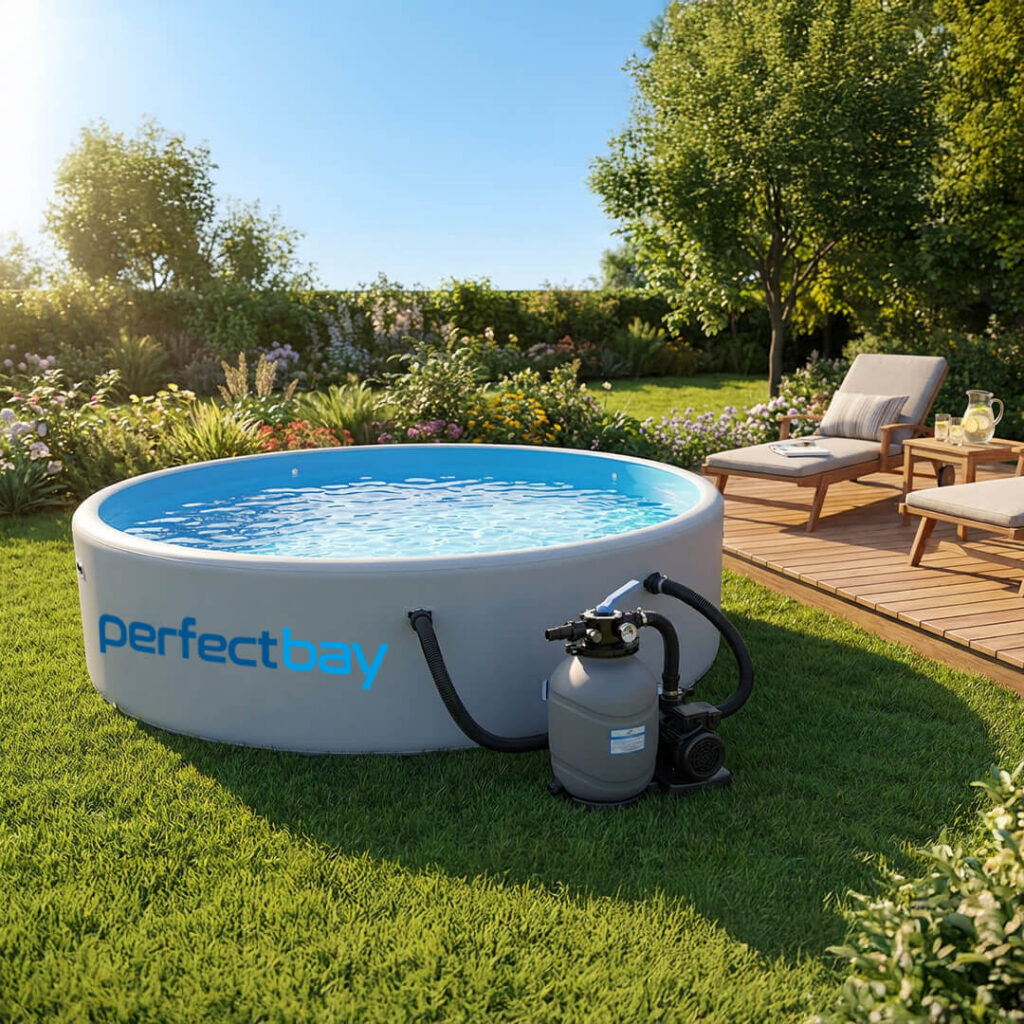 Ein grauer runder Pool steht im Garten auf einem gepflegten Rasen