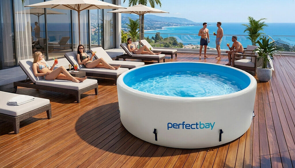 Ein Pool voll mit Wasser steht auf einem Holzboden im Spa, Pool gewerblich nutzen