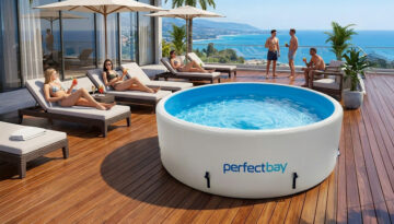 Ein Pool voll mit Wasser steht auf einem Holzboden im Spa, Pool gewerblich nutzen