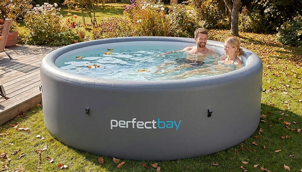 Aufblasbarer Pool im Herbst steht auf einem Rasen, ein Mann und eine Frau im Wasser