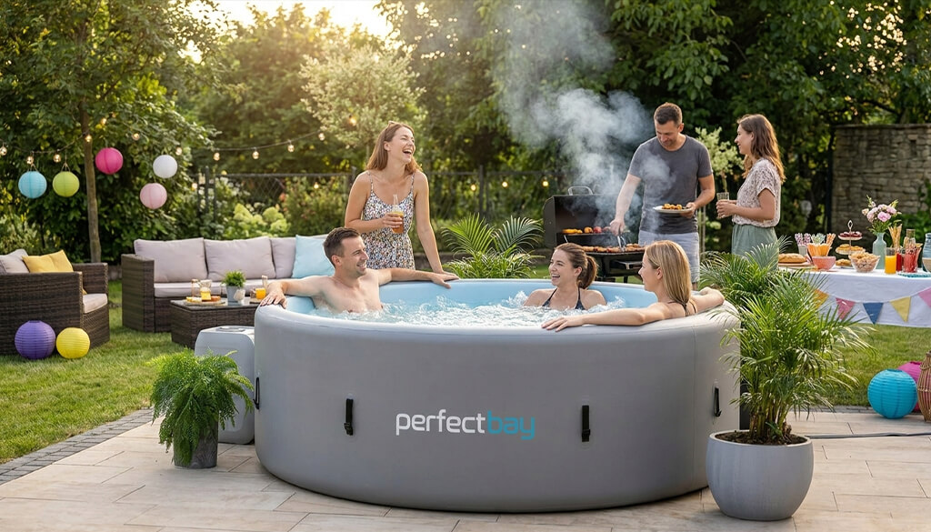 Pool Gartenparty sechs Personen grillen im Garten, drei davon sitzen im Gartenpool