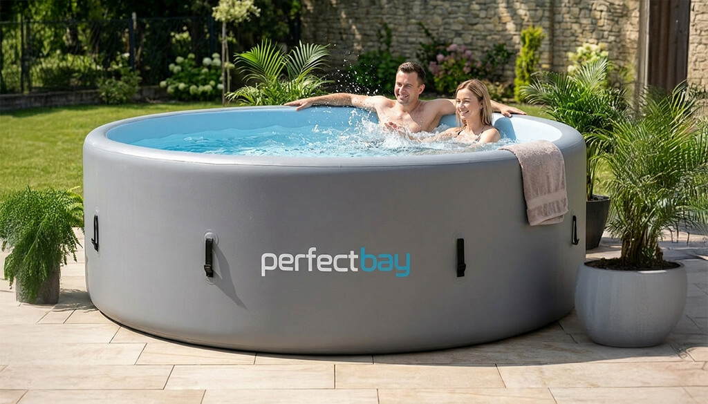 Ein grauer Gartenpool voll mit Wasser, zwei leute drin, Pool steht im Garten auf beigen Flliesen