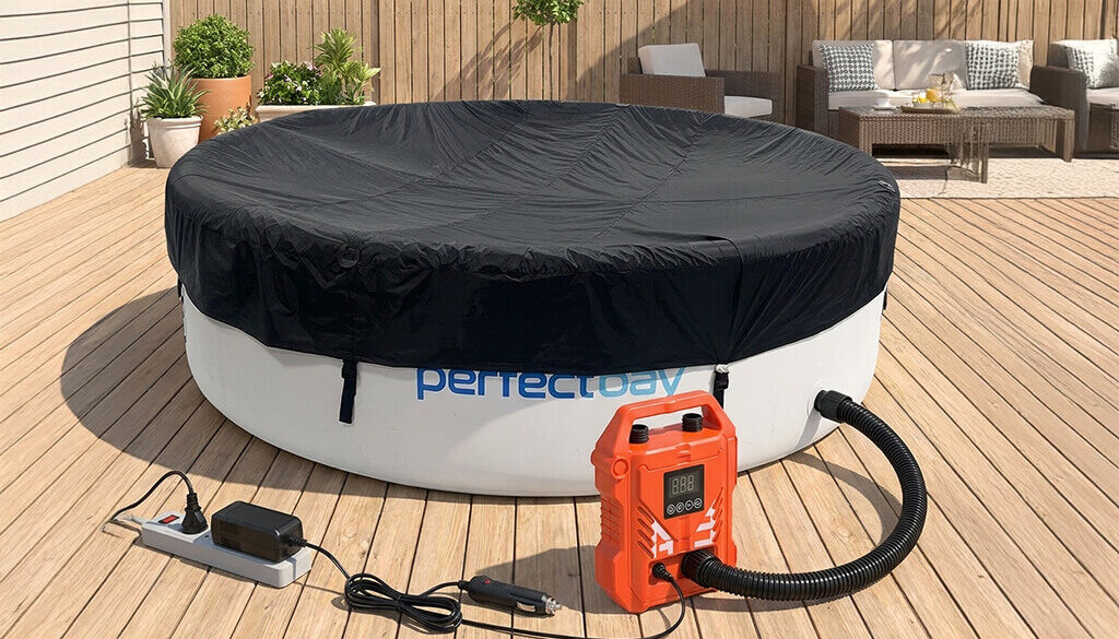 Poolpumpe Leistung berechnen am abgedeckten Pool der auf den Pflastersteinen steht