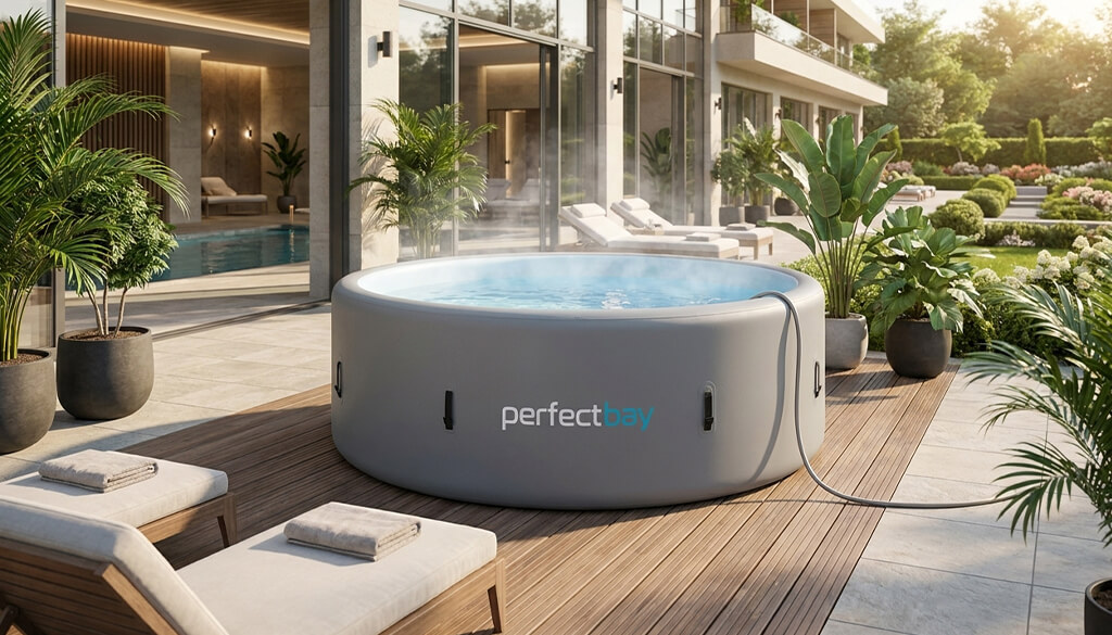 Garten Pool gewerblich nutzen, ein Schlauch füllt den Pool mit Wasser