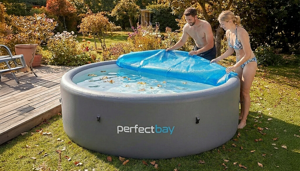 Ein Mann und eine Frau stehen im Garten nehmen die Abdeckung vom Pool im Herbst ab