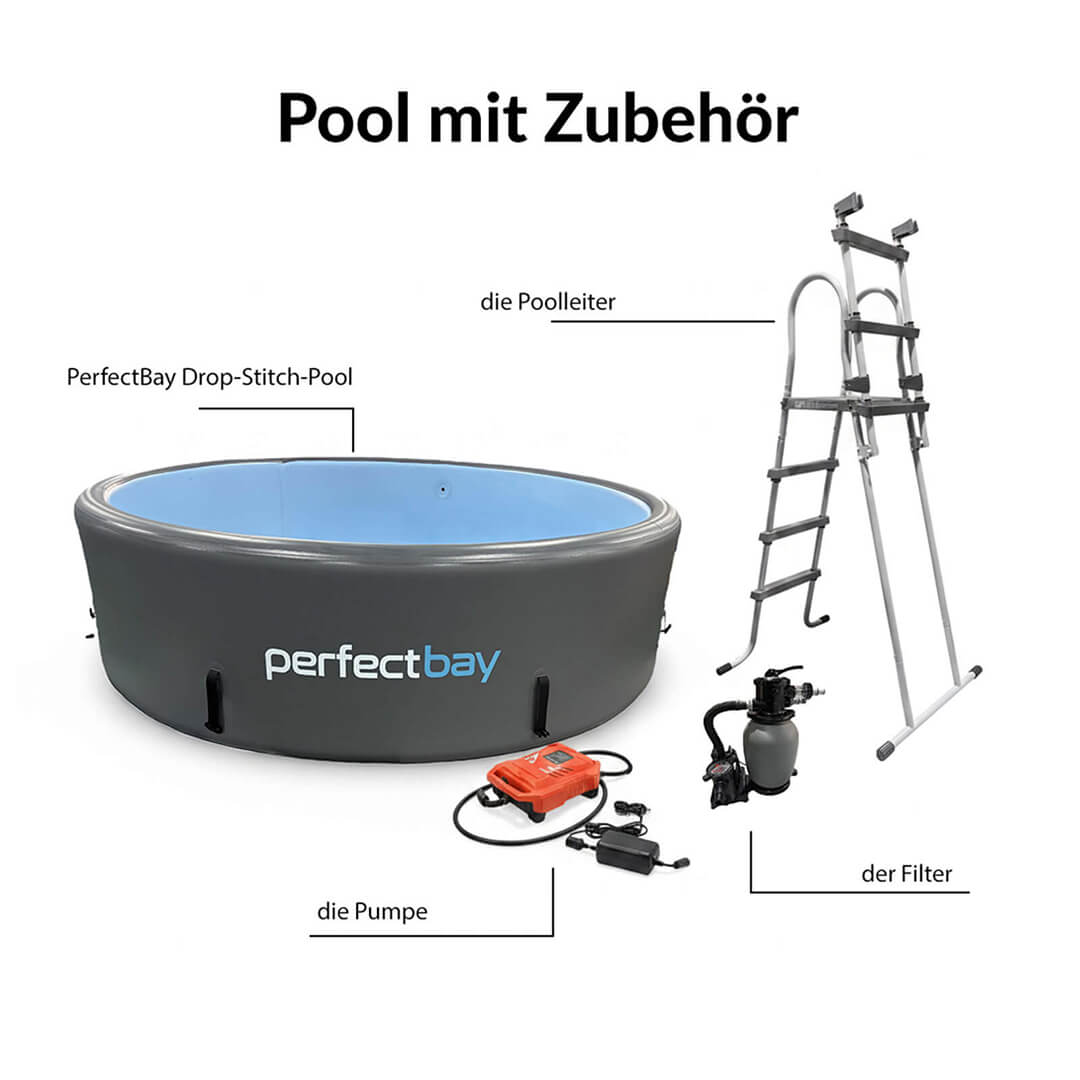 Drop-Stitch-Pool mit Zubehör – Poolleiter, Filteranlage und elektrische Luftpumpe inklusive