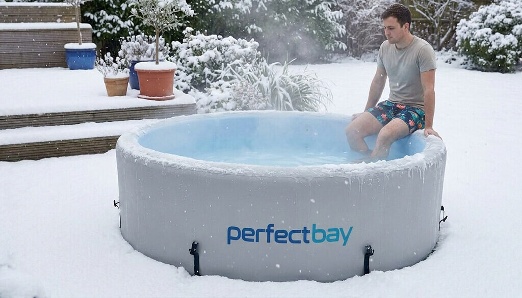 Ein Mann sitz am Rande eines Pools - Eisbad im Garten