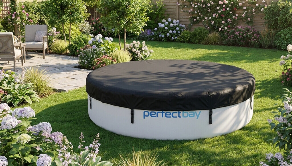 Ein Gartenpool beschutzt mit einer schwarzen Poolabdeckung
