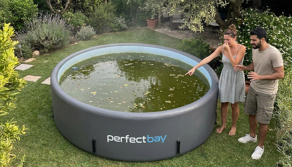 Ein Mann und eine Frau stehen am Pool, der mit grünem Wasser gefüllt ist