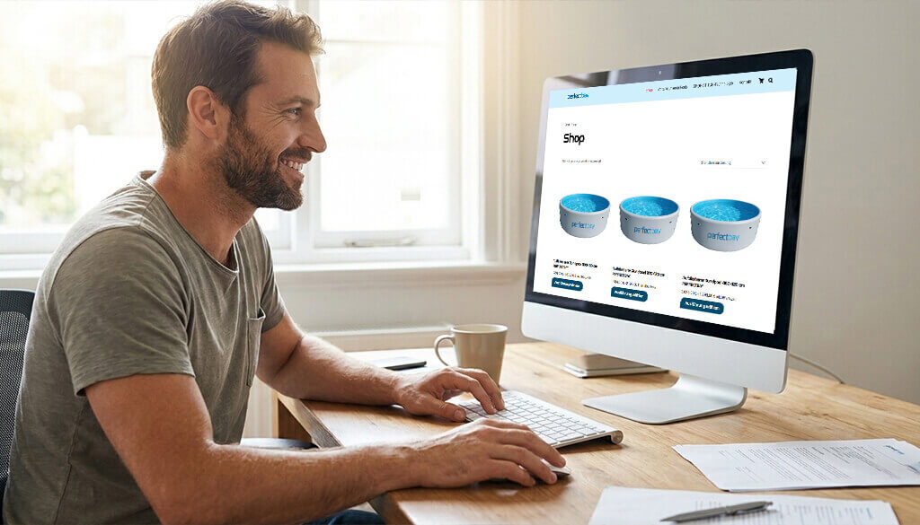 Ein Mann sitzt am Computer und macht eine Bestellung per Internet im PerfectBay Online-Shop, zeigt wie man einen Pool bestellen kann