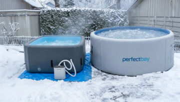Cold-Plunge-Wanne vs Pool im Garten umgeben von Schnee - Vergleich