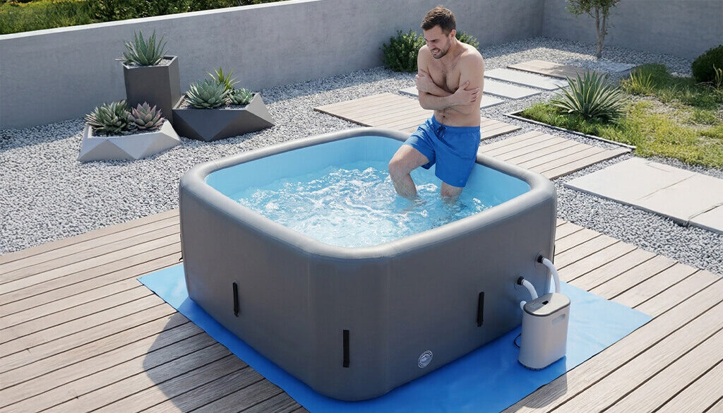 Ein Mann im Pool versucht in das kalte Wasser zu steigen und mit dem Kaltbaden anfangen