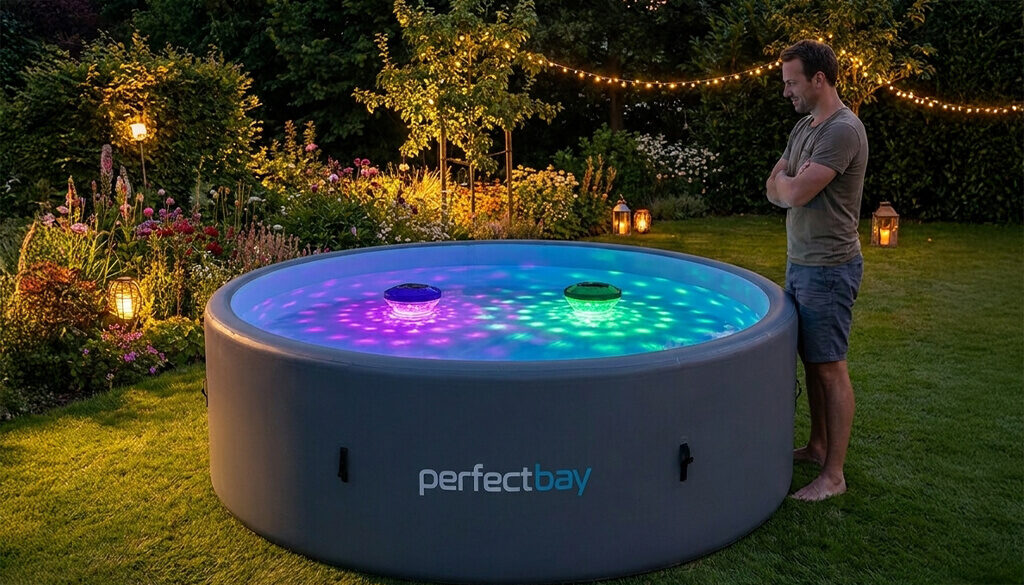 Ein Mann steht im Garten und schaut auf die Pollbeleuchtung die das Wasser im Pool erhellt