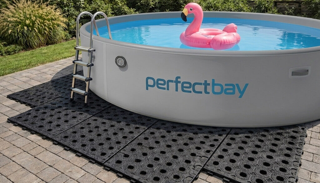 Untergrund für den Drop Stitch Pool im Garten aufgestellt