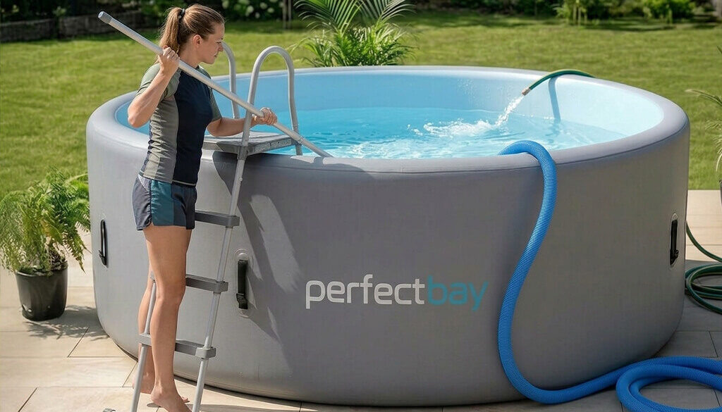 Eine Frau steht bei einem Gartenpool und versucht Poolwasser zu wechseln